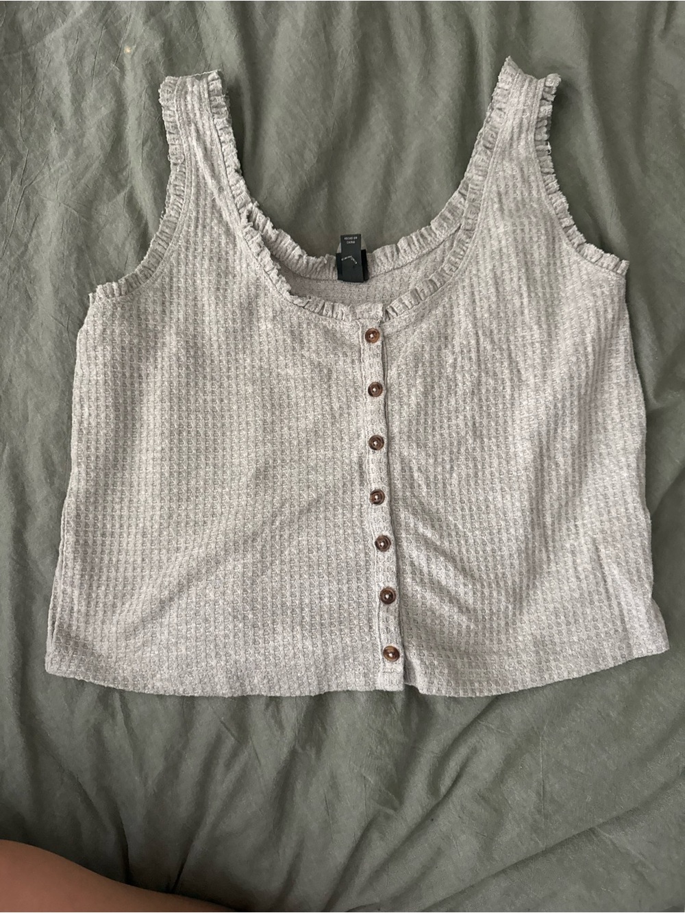 wild fable Light Gray Ribbed Button Tank with Ruffle Trim